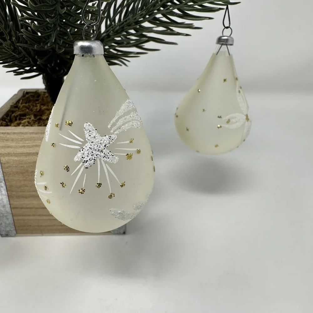 Vintage Glass Christmas Teardrop Ornaments Glitter Star Flower Set 4 Holiday Dec